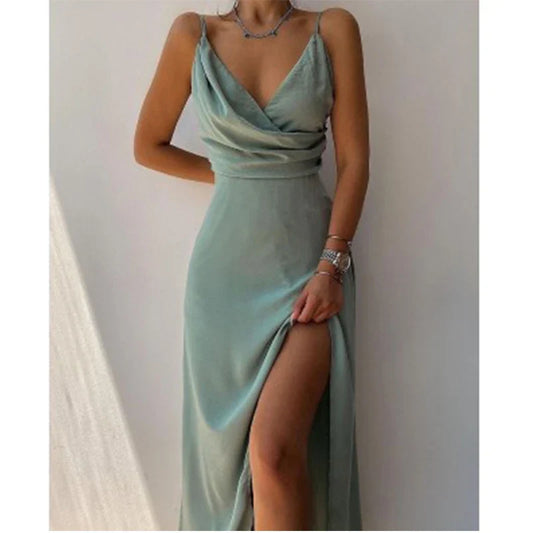 Slip Dresses- Elegant Midi Bridesmaid Dress with Surplice V-Neck- - IndioGear.com