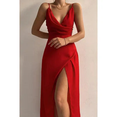 Slip Dresses- Elegant Midi Bridesmaid Dress with Surplice V-Neck- Red- IndioGear.com