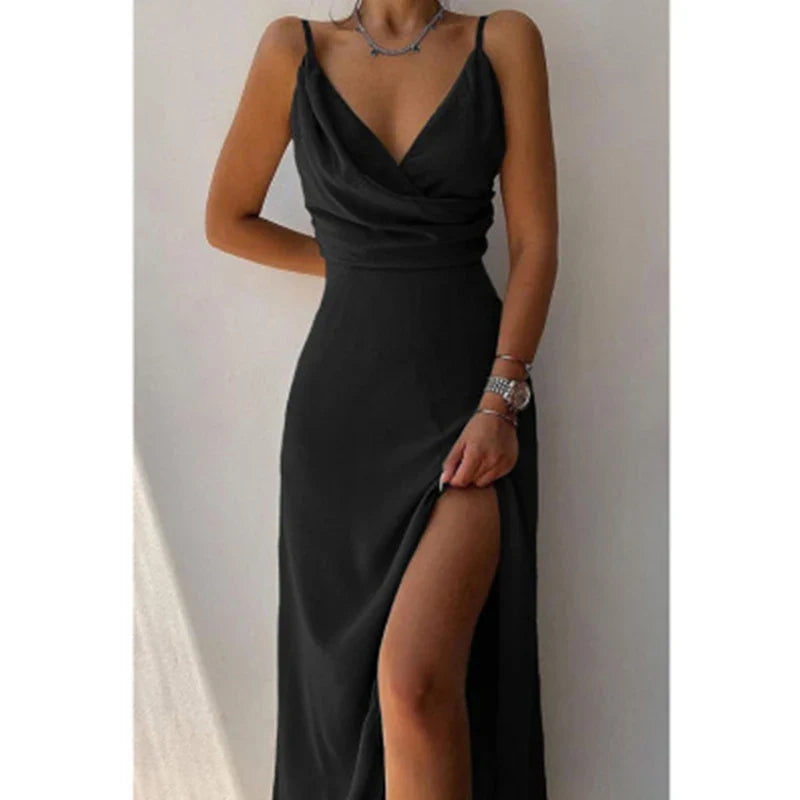 Slip Dresses- Elegant Midi Bridesmaid Dress with Surplice V-Neck- - IndioGear.com