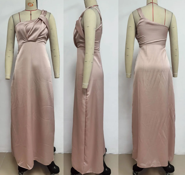 Slip Dresses- Elegant Satin One-shoulder Blouson Evening Dress- - IndioGear.com