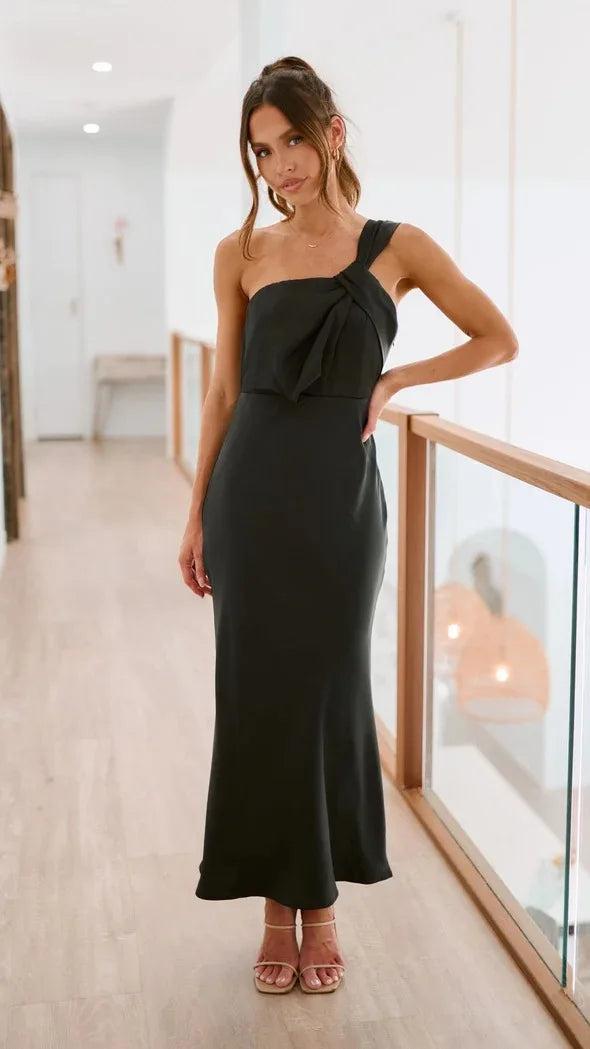 Slip Dresses- Elegant Satin One-shoulder Blouson Evening Dress- - IndioGear.com