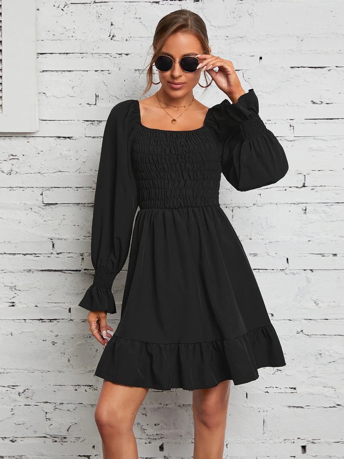 Smocked Mini Dresses- Square Neck Poet Sleeves Smocked Mini Dress- Black- IndioGear.com