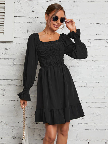 Smocked Mini Dresses- Square Neck Poet Sleeves Smocked Mini Dress- - IndioGear.com