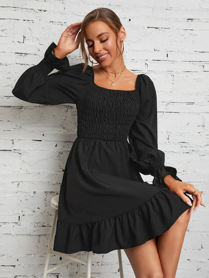 Smocked Mini Dresses- Square Neck Poet Sleeves Smocked Mini Dress- - IndioGear.com