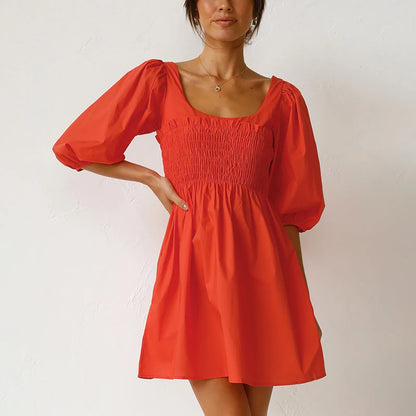 Smoked Mini Dresses- Scoop Neck and Smocked Waist with Puff Sleeves Mini Dress- - IndioGear.com