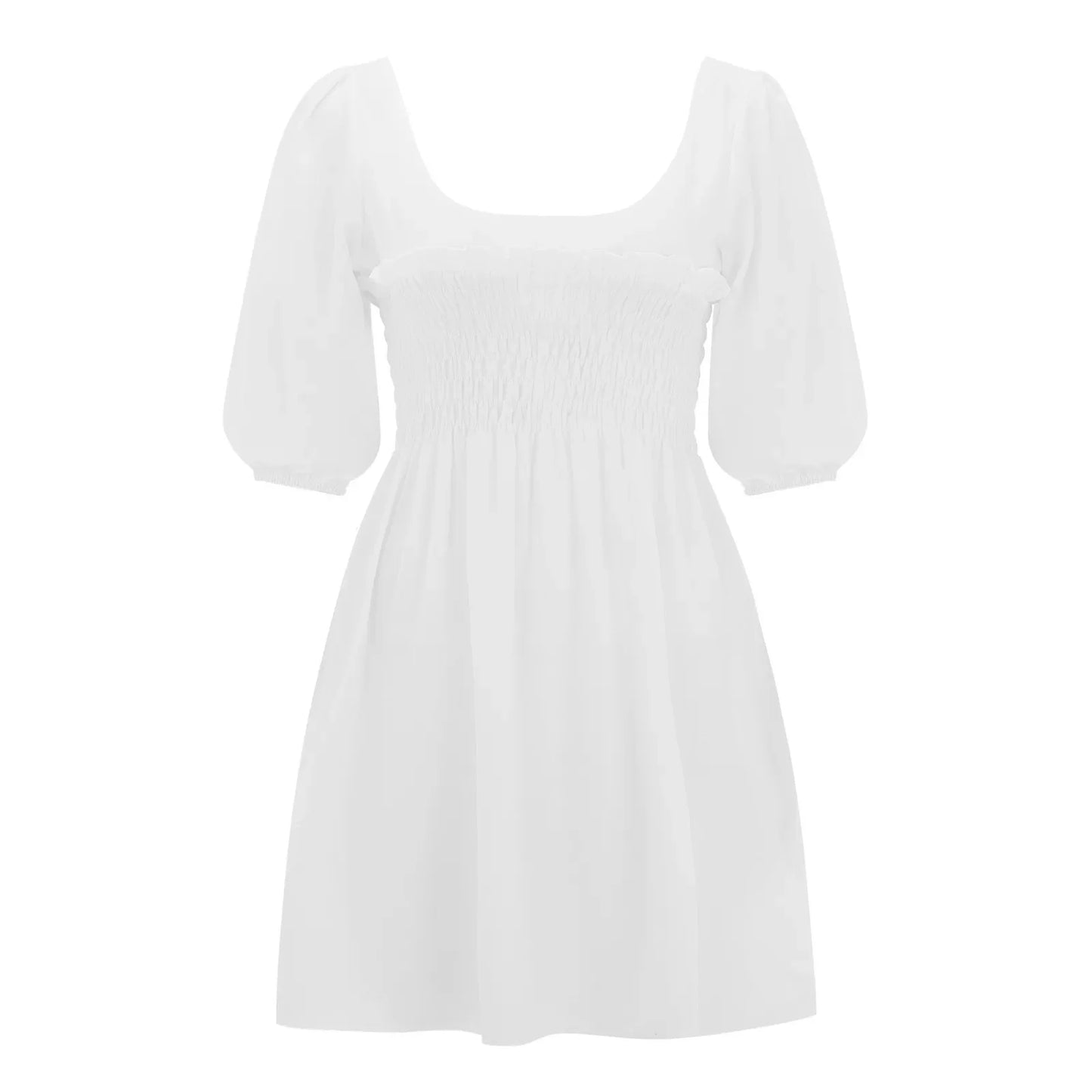 Smoked Mini Dresses- Scoop Neck and Smocked Waist with Puff Sleeves Mini Dress- - IndioGear.com