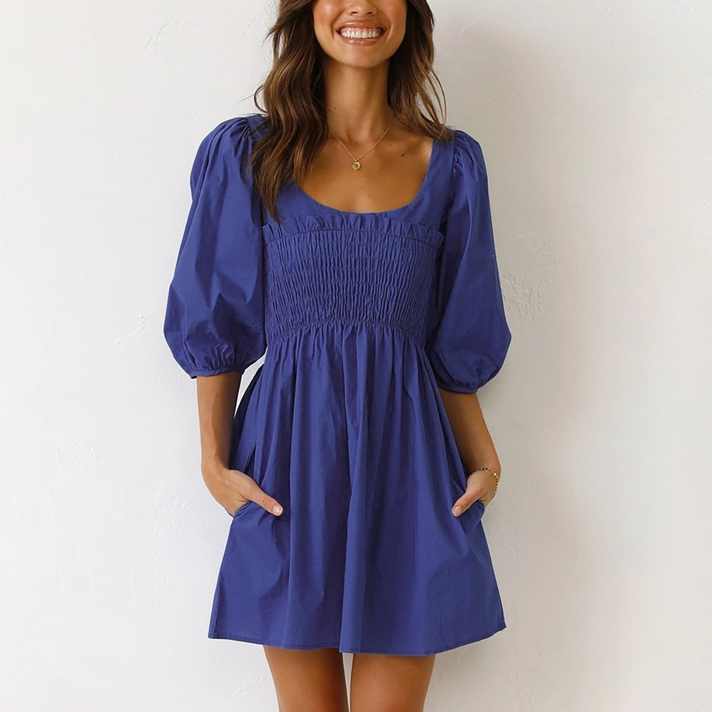 Smoked Mini Dresses- Scoop Neck and Smocked Waist with Puff Sleeves Mini Dress- - IndioGear.com