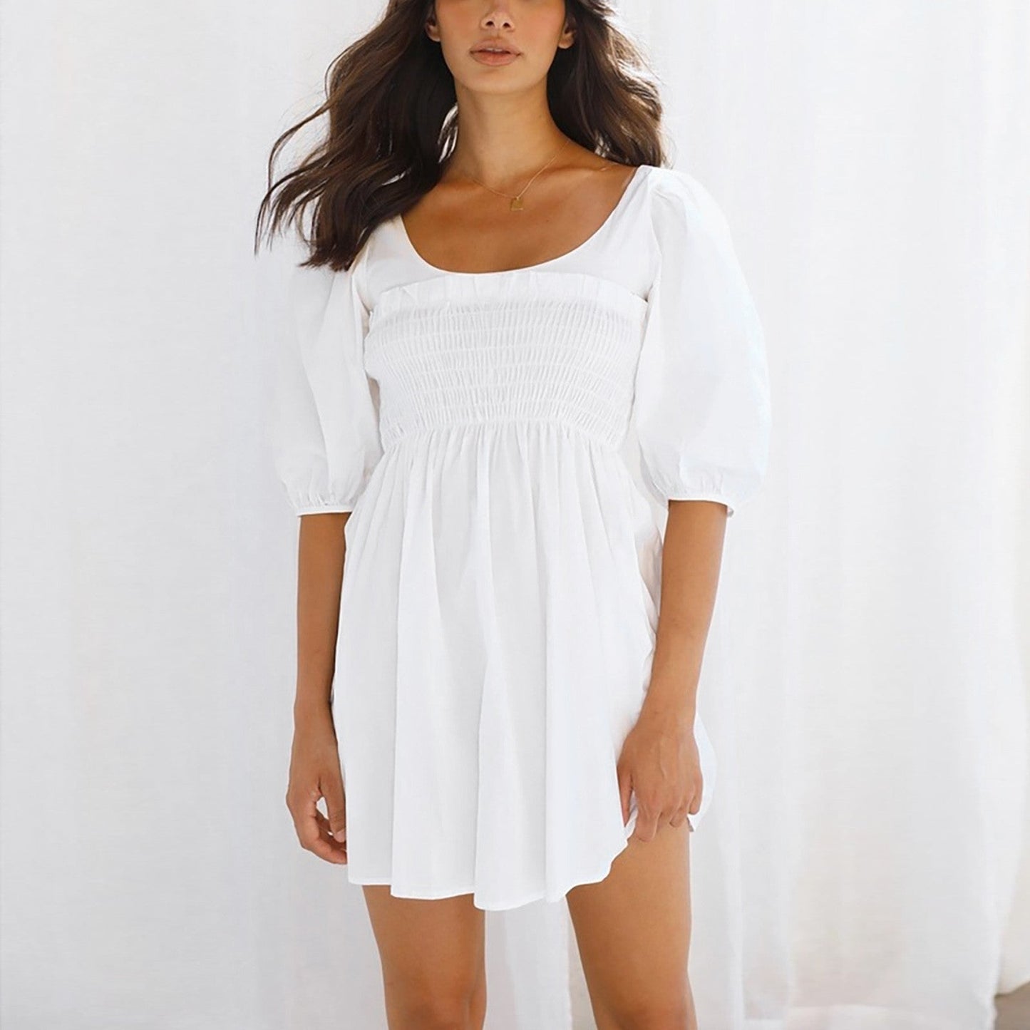 Smoked Mini Dresses- Scoop Neck and Smocked Waist with Puff Sleeves Mini Dress- - IndioGear.com