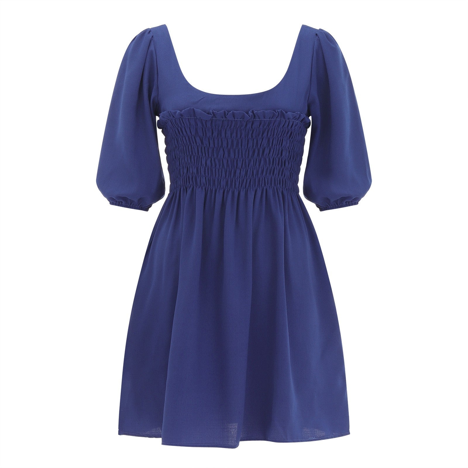 Smoked Mini Dresses- Scoop Neck and Smocked Waist with Puff Sleeves Mini Dress- - IndioGear.com