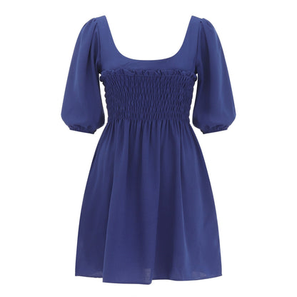 Smoked Mini Dresses- Scoop Neck and Smocked Waist with Puff Sleeves Mini Dress- - IndioGear.com