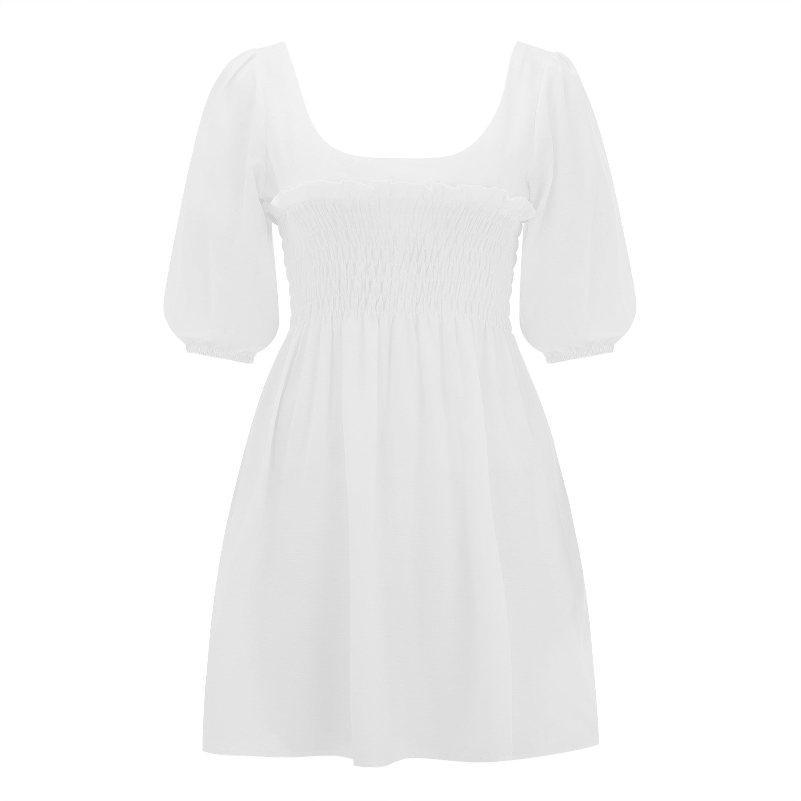 Smoked Mini Dresses- Scoop Neck and Smocked Waist with Puff Sleeves Mini Dress- - IndioGear.com