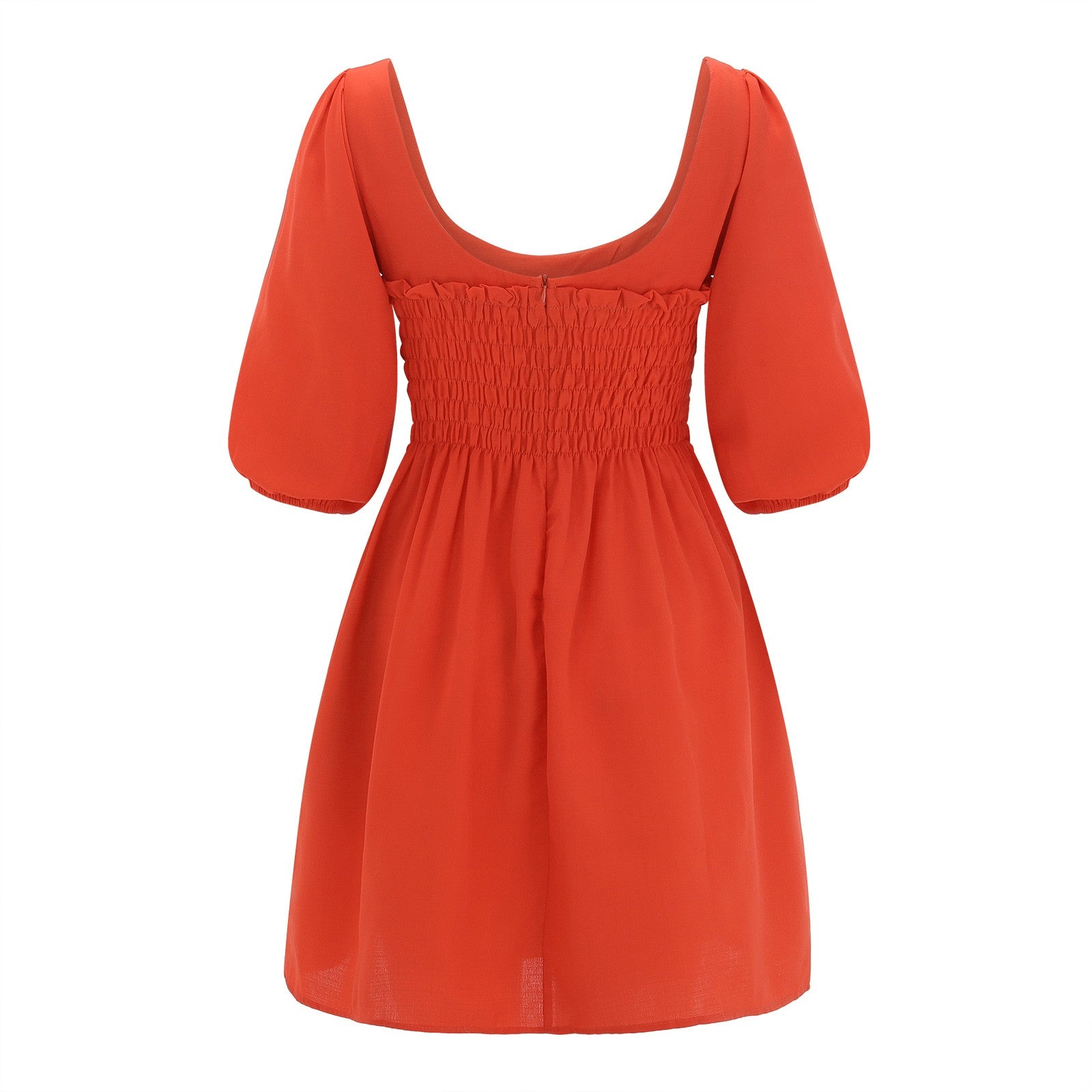 Smoked Mini Dresses- Scoop Neck and Smocked Waist with Puff Sleeves Mini Dress- - IndioGear.com