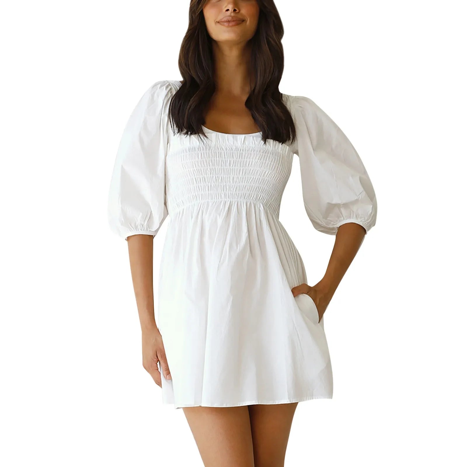 Smoked Mini Dresses- Scoop Neck and Smocked Waist with Puff Sleeves Mini Dress- White- IndioGear.com