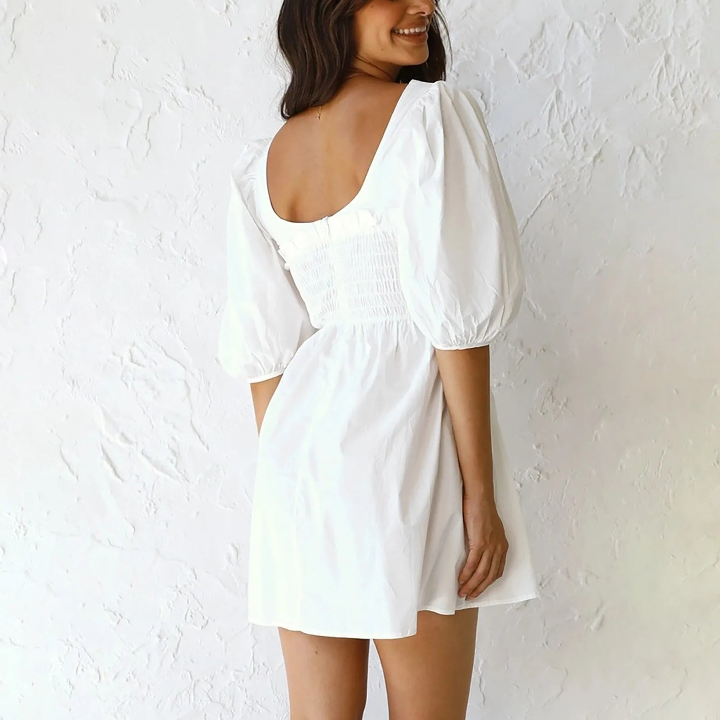 Smoked Mini Dresses- Scoop Neck and Smocked Waist with Puff Sleeves Mini Dress- - IndioGear.com