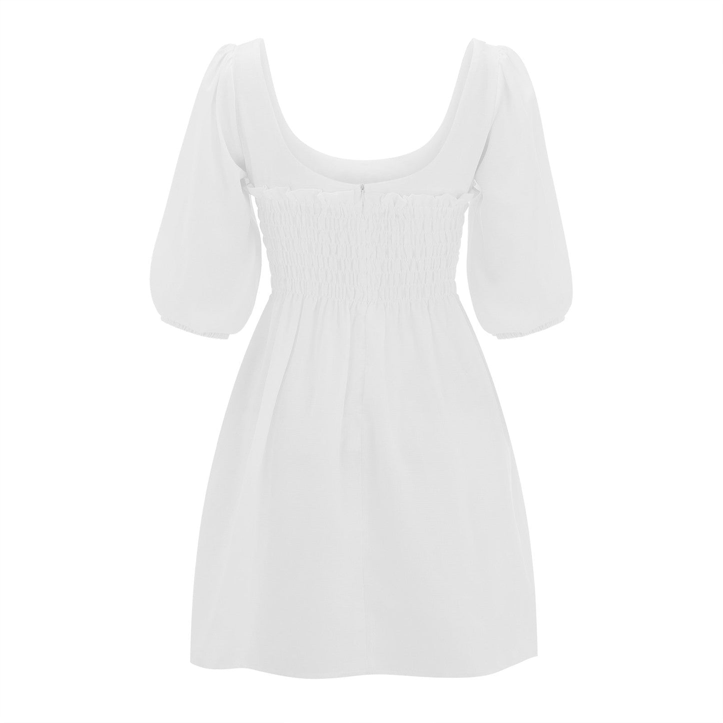 Smoked Mini Dresses- Scoop Neck and Smocked Waist with Puff Sleeves Mini Dress- - IndioGear.com