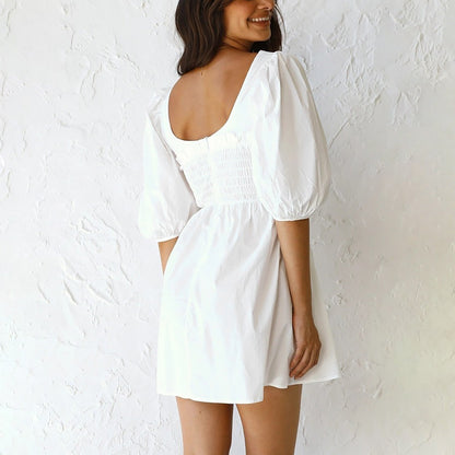 Smoked Mini Dresses- Scoop Neck and Smocked Waist with Puff Sleeves Mini Dress- - IndioGear.com