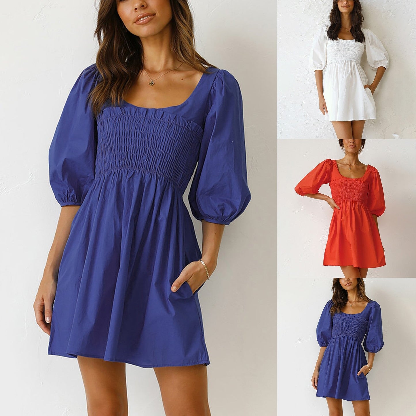 Smoked Mini Dresses- Scoop Neck and Smocked Waist with Puff Sleeves Mini Dress- - IndioGear.com