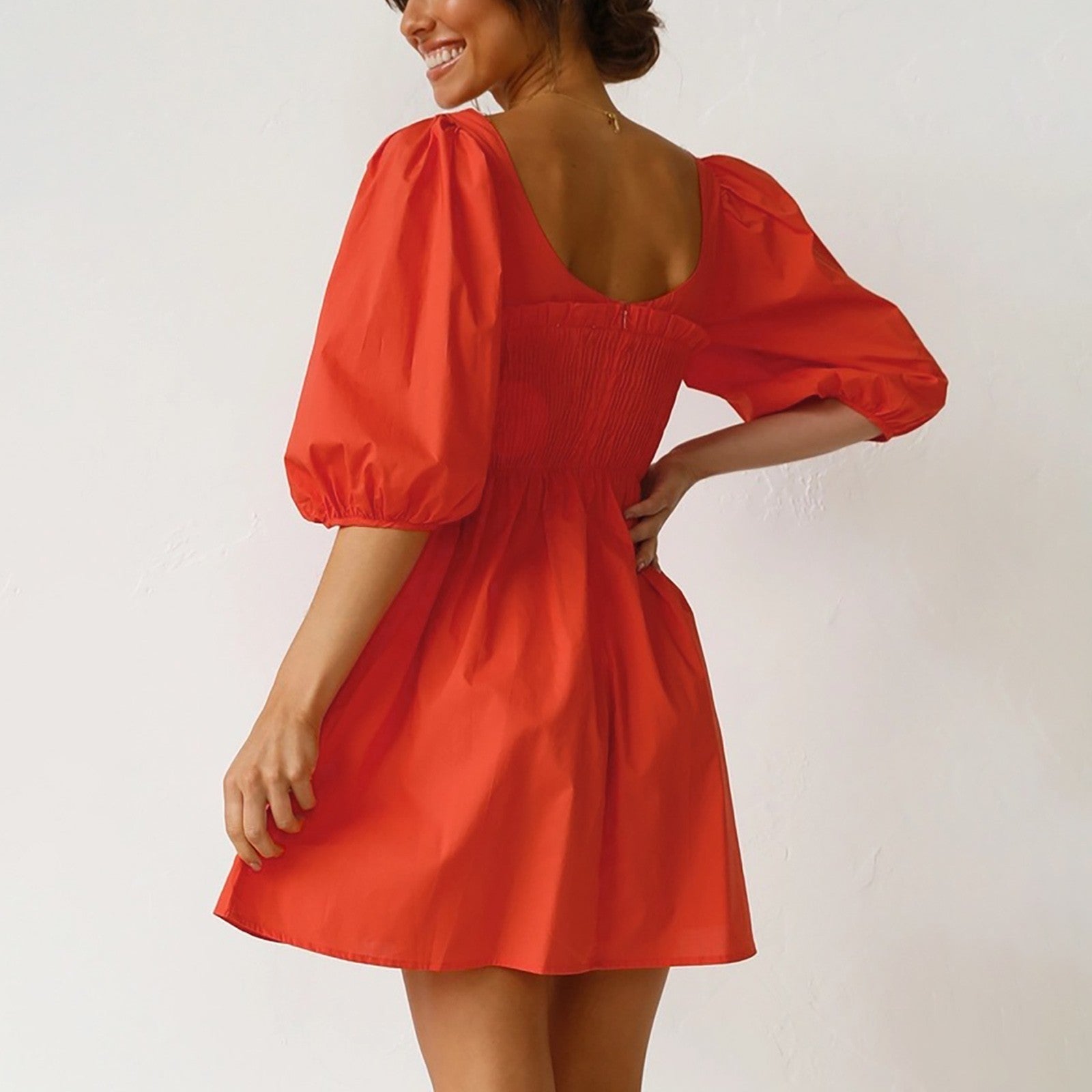 Smoked Mini Dresses- Scoop Neck and Smocked Waist with Puff Sleeves Mini Dress- - IndioGear.com