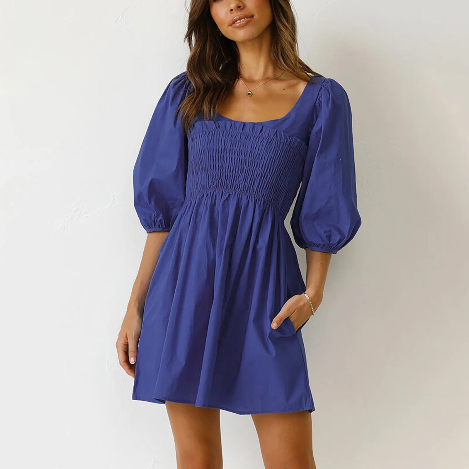 Smoked Mini Dresses- Scoop Neck and Smocked Waist with Puff Sleeves Mini Dress- - IndioGear.com