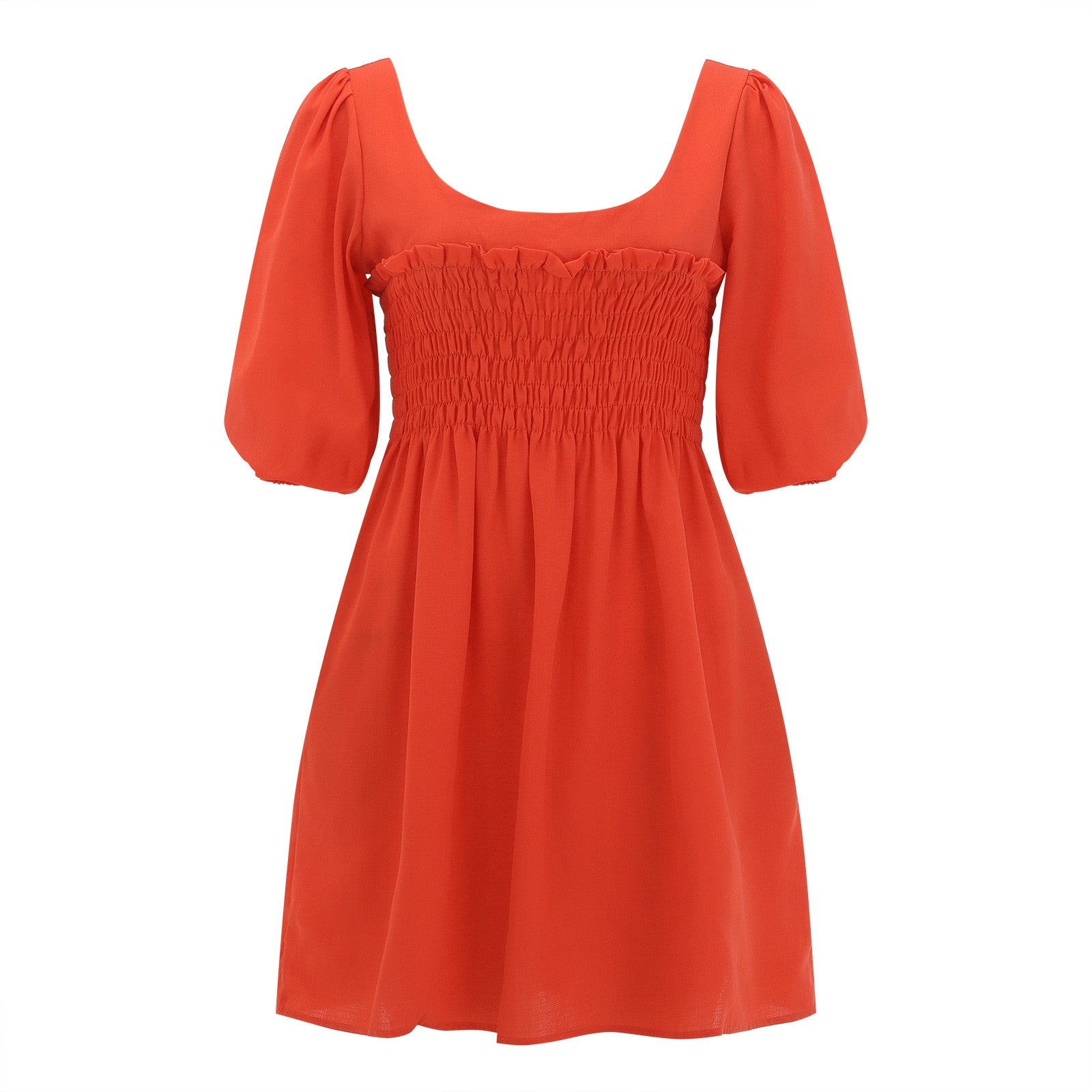 Smoked Mini Dresses- Scoop Neck and Smocked Waist with Puff Sleeves Mini Dress- - IndioGear.com