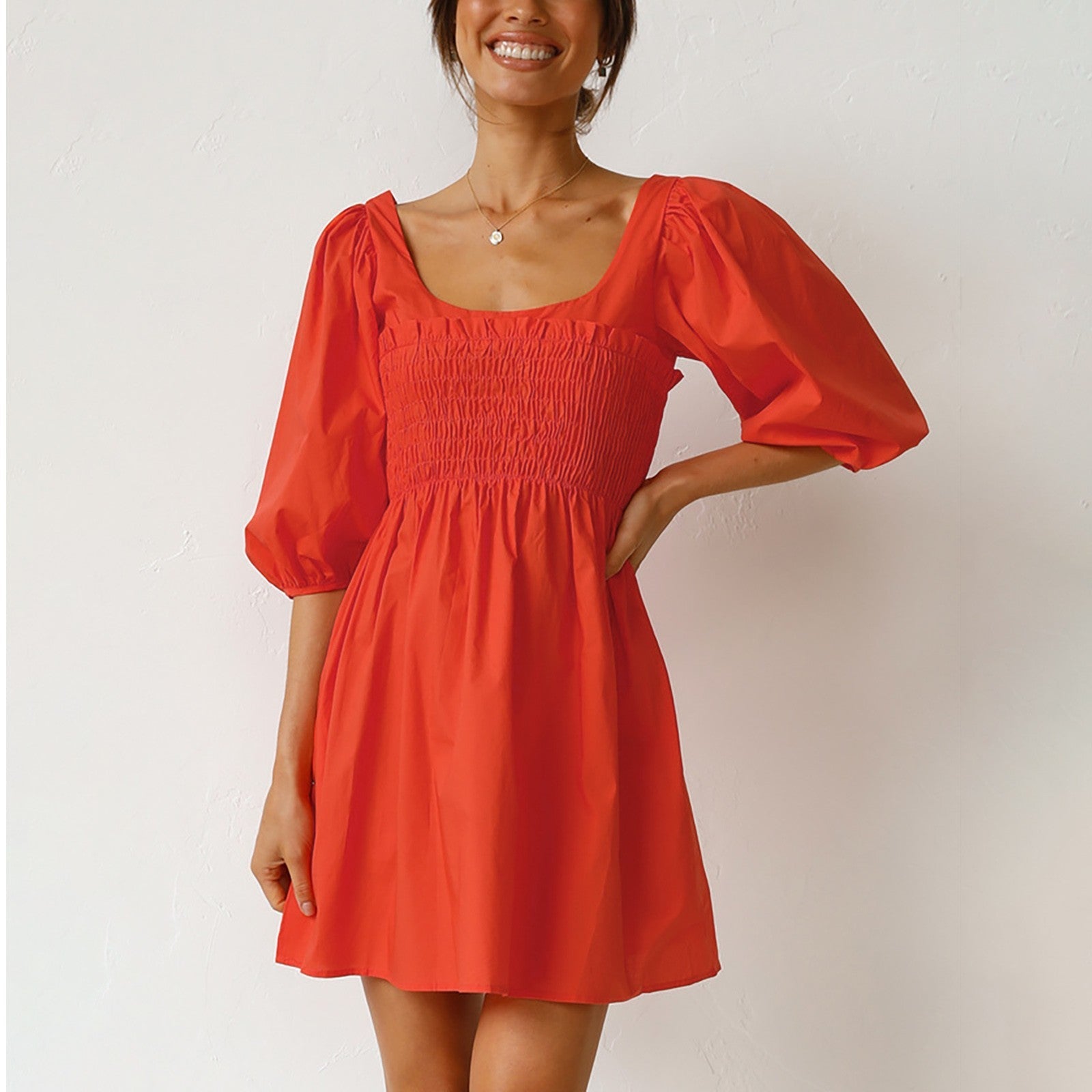 Smoked Mini Dresses- Scoop Neck and Smocked Waist with Puff Sleeves Mini Dress- - IndioGear.com