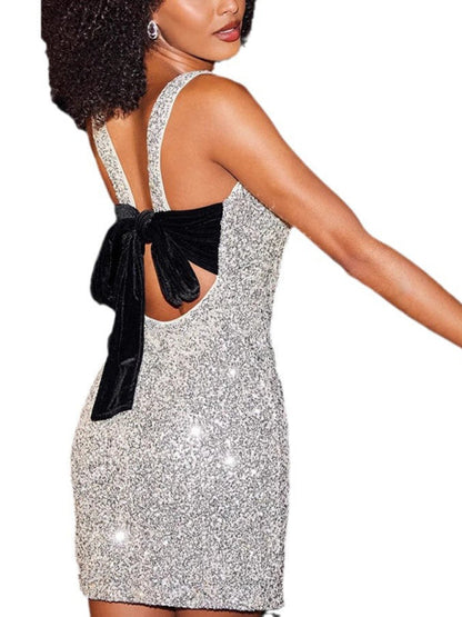 Sparkle Dresses- Sparkle Mini Sequin Party Dress with Bow-Knot Back- - IndioGear Women Clothing