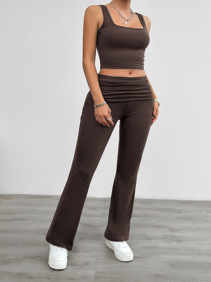 Ensemble sportif 2 pièces pour femme avec haut caraco uni et pantalon à large ceinture