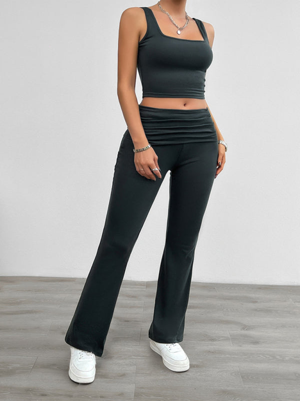 Ensemble sportif 2 pièces pour femme avec haut caraco uni et pantalon à large ceinture