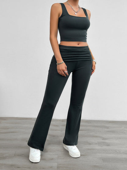 Sporty 2-Piece Women's Set with Solid Cami Top & Wide Waistband Pants