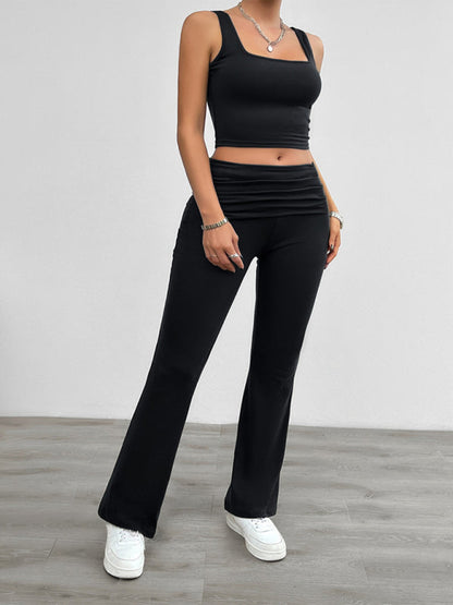 Ensemble sportif 2 pièces pour femme avec haut caraco uni et pantalon à large ceinture