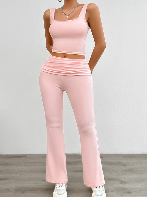 Sporty 2-Piece Women's Set with Solid Cami Top & Wide Waistband Pants