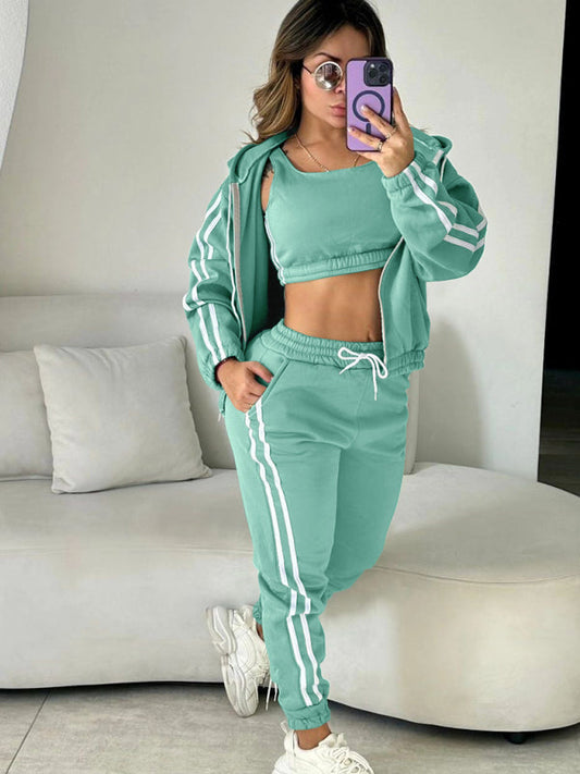 Sporty Outfits- 3-Piece Jogger & Hoodie Set Women's Sporty Outfit- Green- IndioGear Women Clothing