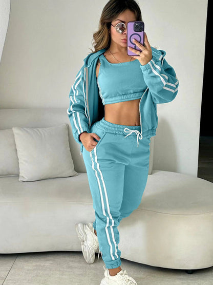 Sporty Outfits- 3-Piece Jogger & Hoodie Set Women's Sporty Outfit- Sky blue azure- IndioGear Women Clothing