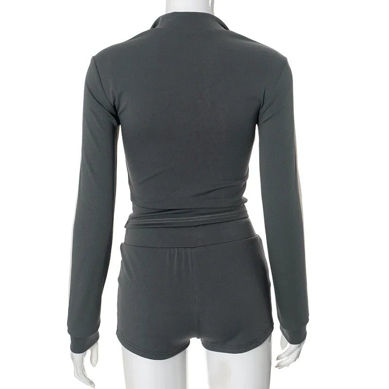 Sporty Outfits - Athletic 2-Piece Fitness High-Collar Top with Shorts