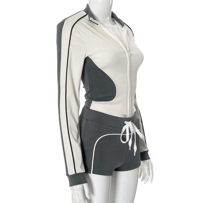 Sporty Outfits - Athletic 2-Piece Fitness High-Collar Top with Shorts