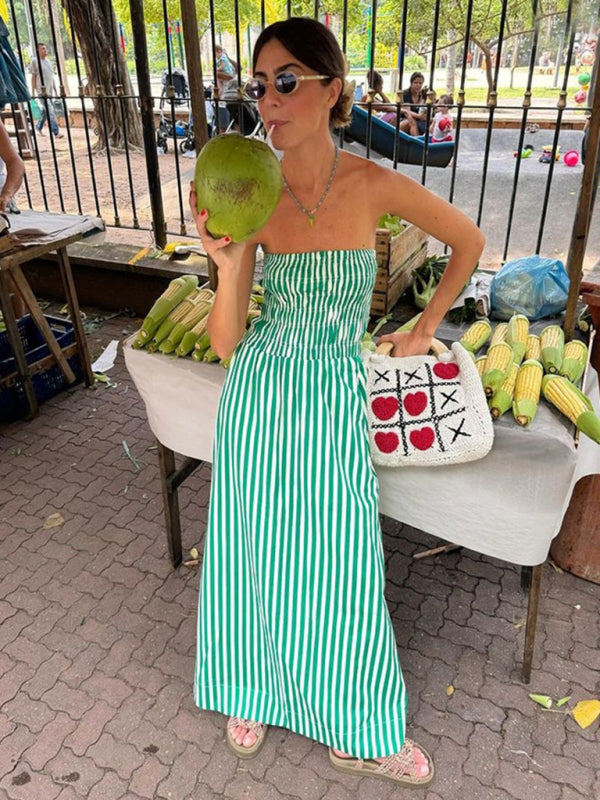 Strapless Dresses- Smocked Bodice Stripe Bandeau A-Line Dress for Vacations- - IndioGear Fashion and Gear