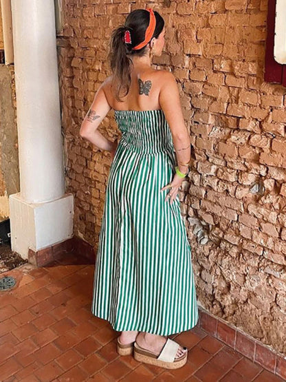 Strapless Dresses- Smocked Bodice Stripe Bandeau A-Line Dress for Vacations- - IndioGear Fashion and Gear