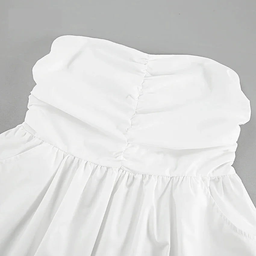 Strapless Dresses- Strapless Pleated Mini Dress with Smocked Back- - IndioGear.com