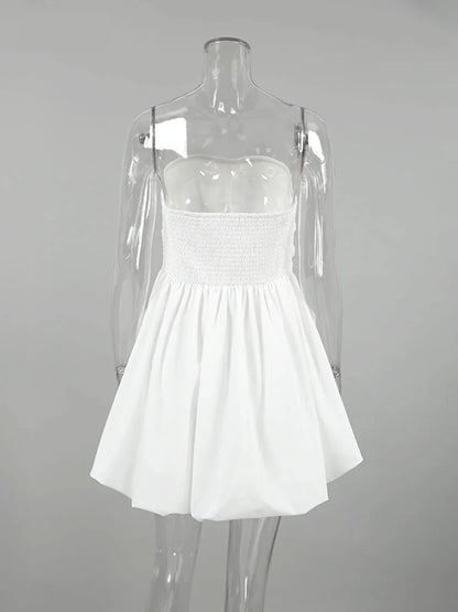 Strapless Dresses- Strapless Pleated Mini Dress with Smocked Back- - IndioGear.com