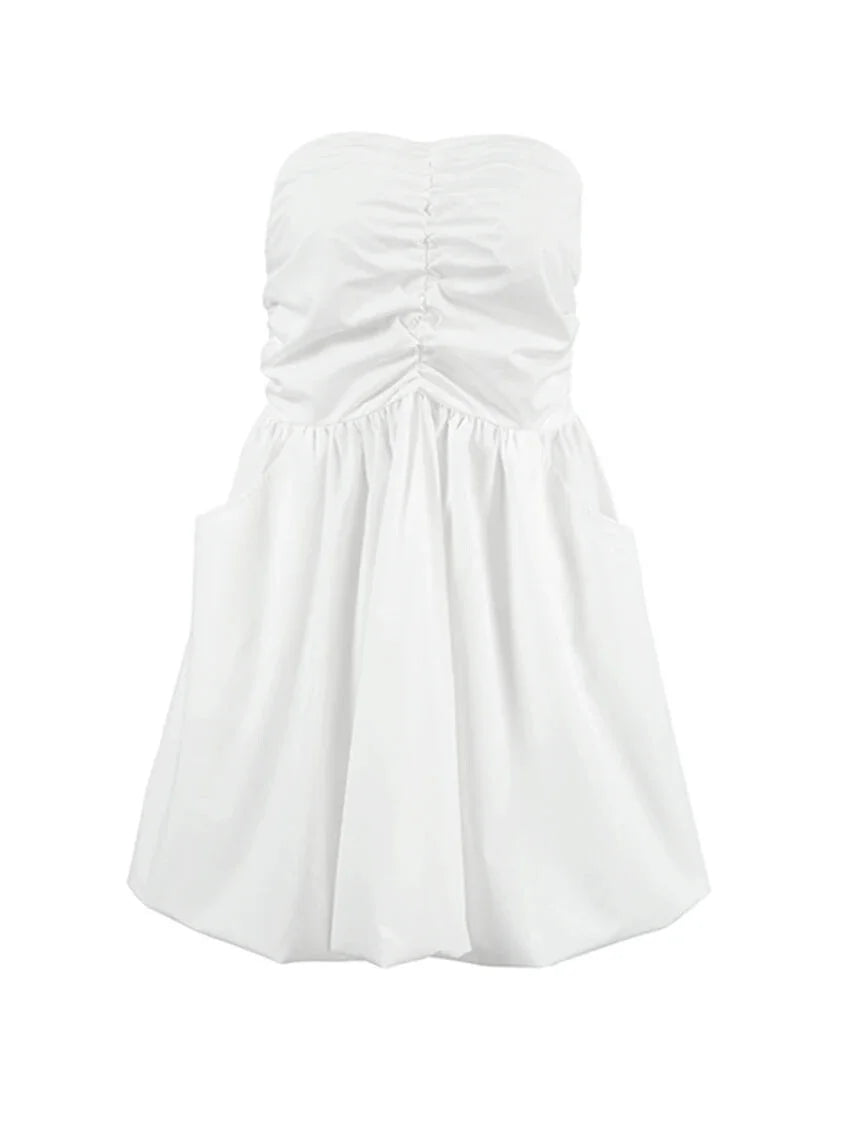 Strapless Dresses- Strapless Pleated Mini Dress with Smocked Back- - IndioGear.com