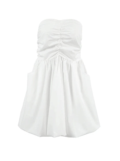 Strapless Dresses- Strapless Pleated Mini Dress with Smocked Back- - IndioGear.com