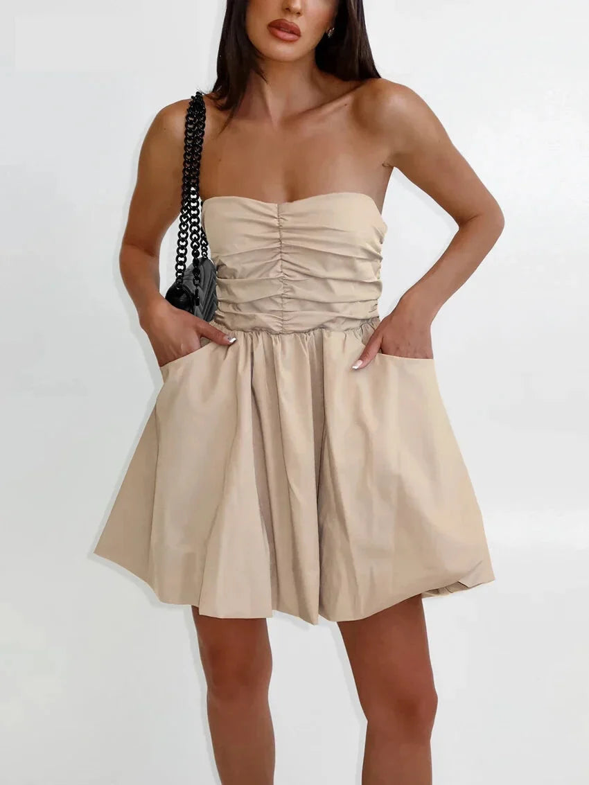 Strapless Dresses- Strapless Pleated Mini Dress with Smocked Back- Khaki- IndioGear.com