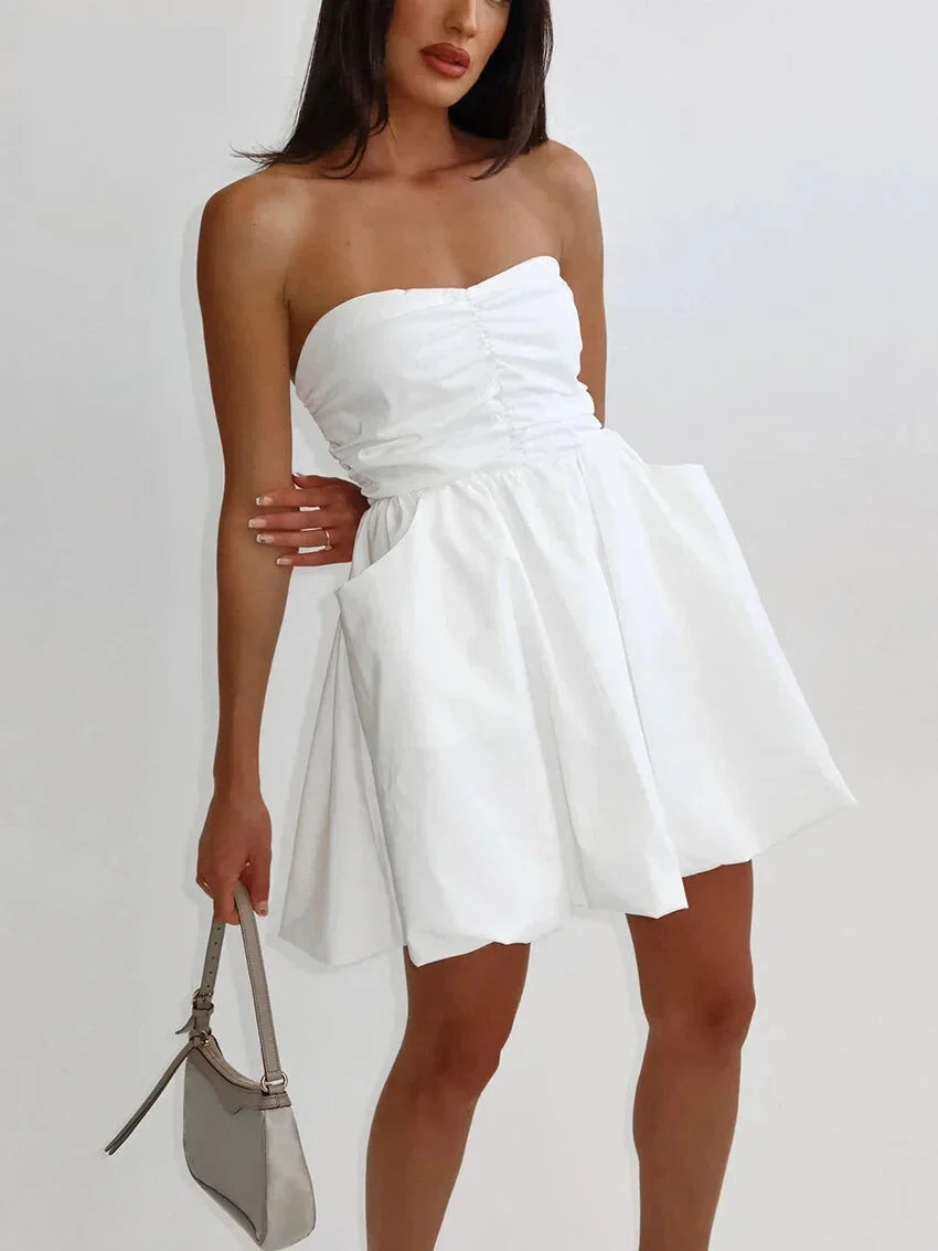 Strapless Dresses- Strapless Pleated Mini Dress with Smocked Back- White- IndioGear.com