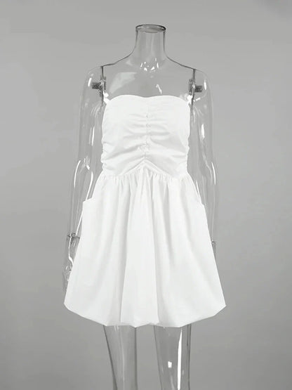 Strapless Dresses- Strapless Pleated Mini Dress with Smocked Back- - IndioGear.com