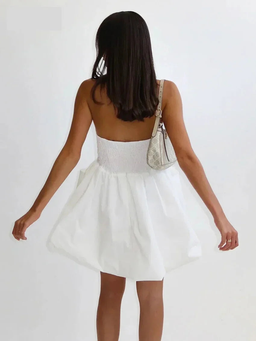 Strapless Dresses- Strapless Pleated Mini Dress with Smocked Back- - IndioGear.com