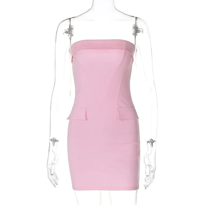 Strapless Dresses- Tailored Pink Strapless Mini Dress- Pink- IndioGear.com