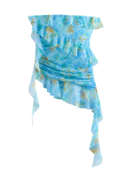 Strapless Tops- Ocean Watercolor Strapless Ruffle Top- Blue- IndioGear.com