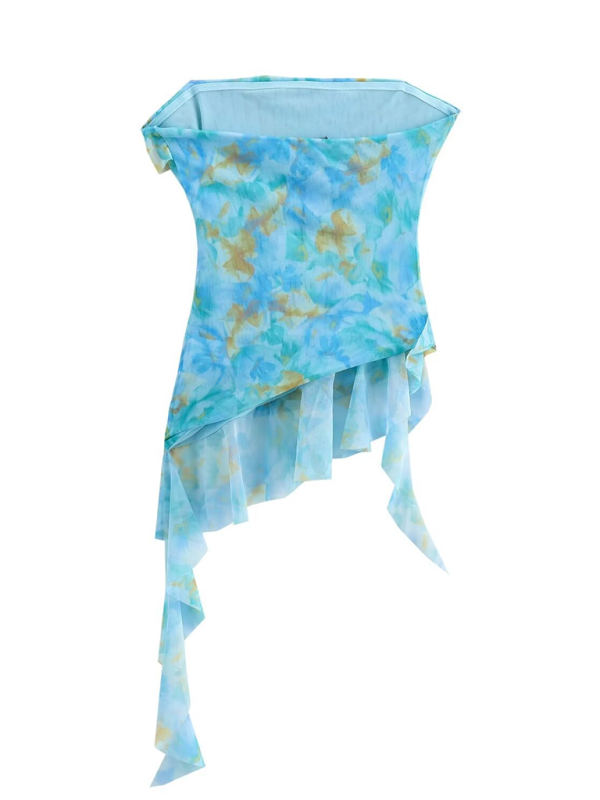 Strapless Tops- Ocean Watercolor Strapless Ruffle Top- - IndioGear.com