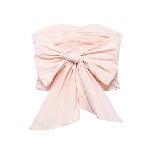 Strapless Tops- Ruched Tube Top Strapless Bow Blouse- Cupcake Pink- IndioGear Women Clothing