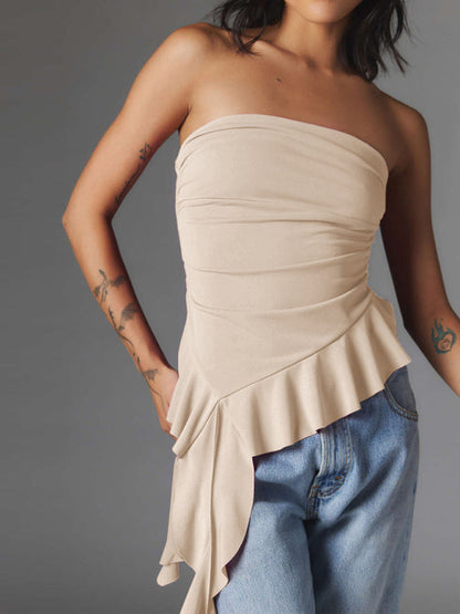 Strapless Tops- Strapless Asymmetric Ruffle Tube Top for Women- Cracker khaki- IndioGear Fashion and Gear